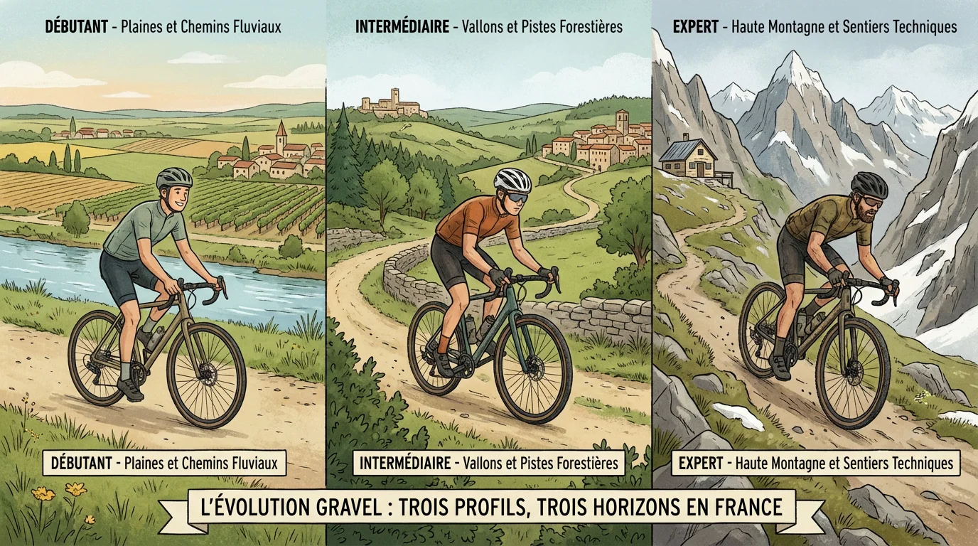 Trois profils de cyclistes gravel illustrant les niveaux débutant, intermédiaire et expert