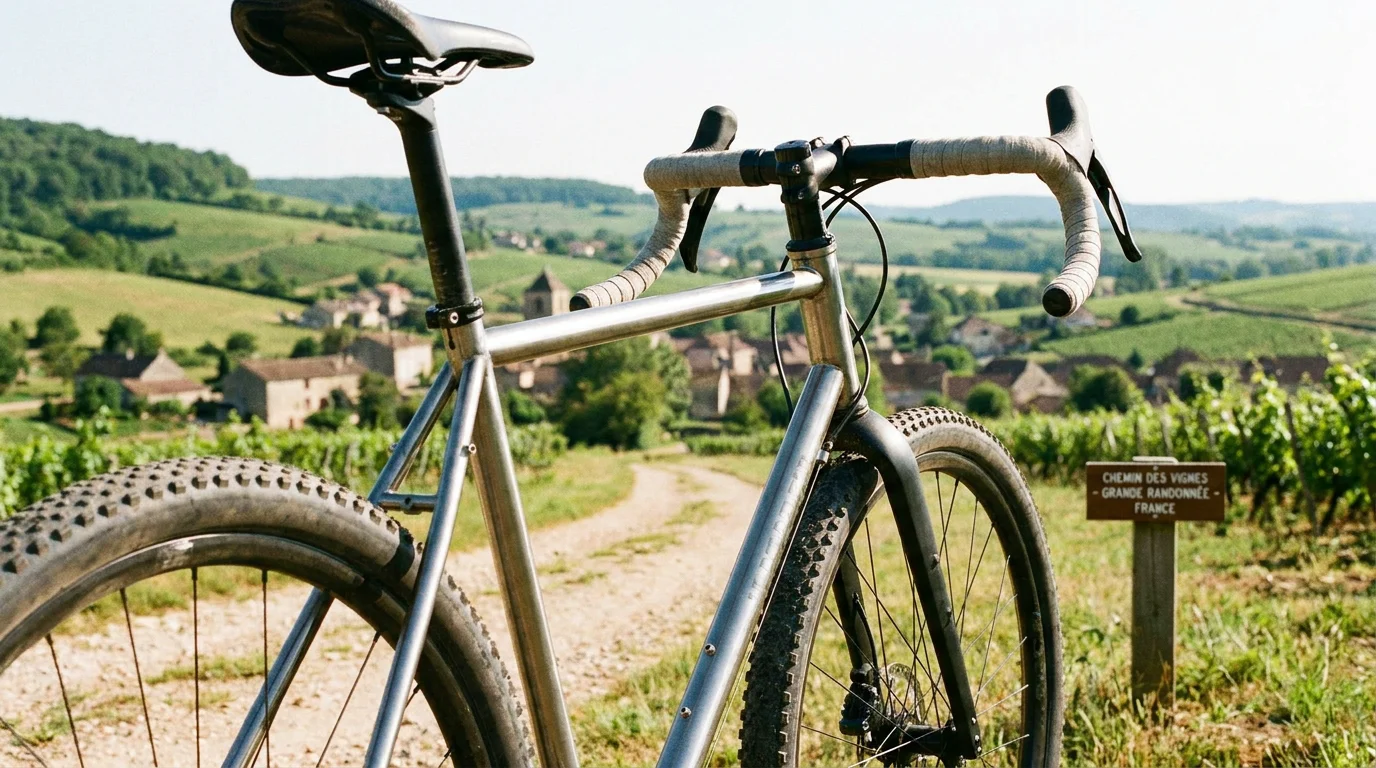 Vélo gravel sur un chemin de campagne en France avec pneus larges et cintre courbé