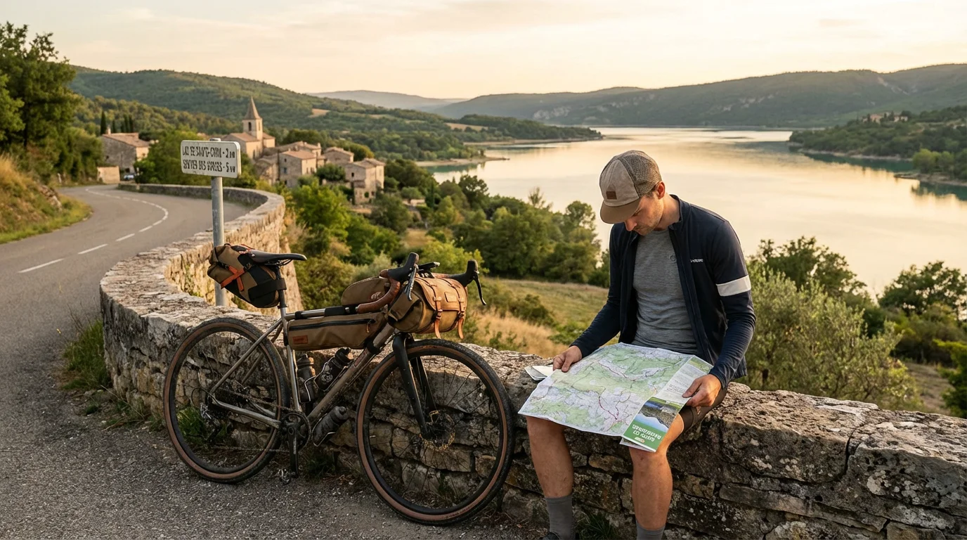 Cycliste consultant une carte de parcours gravel près d'un lac français