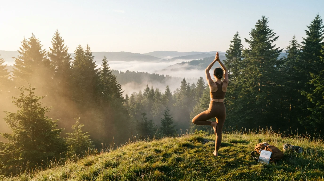 Pratique du yoga en plein air sur un sommet des Vosges au lever du soleil