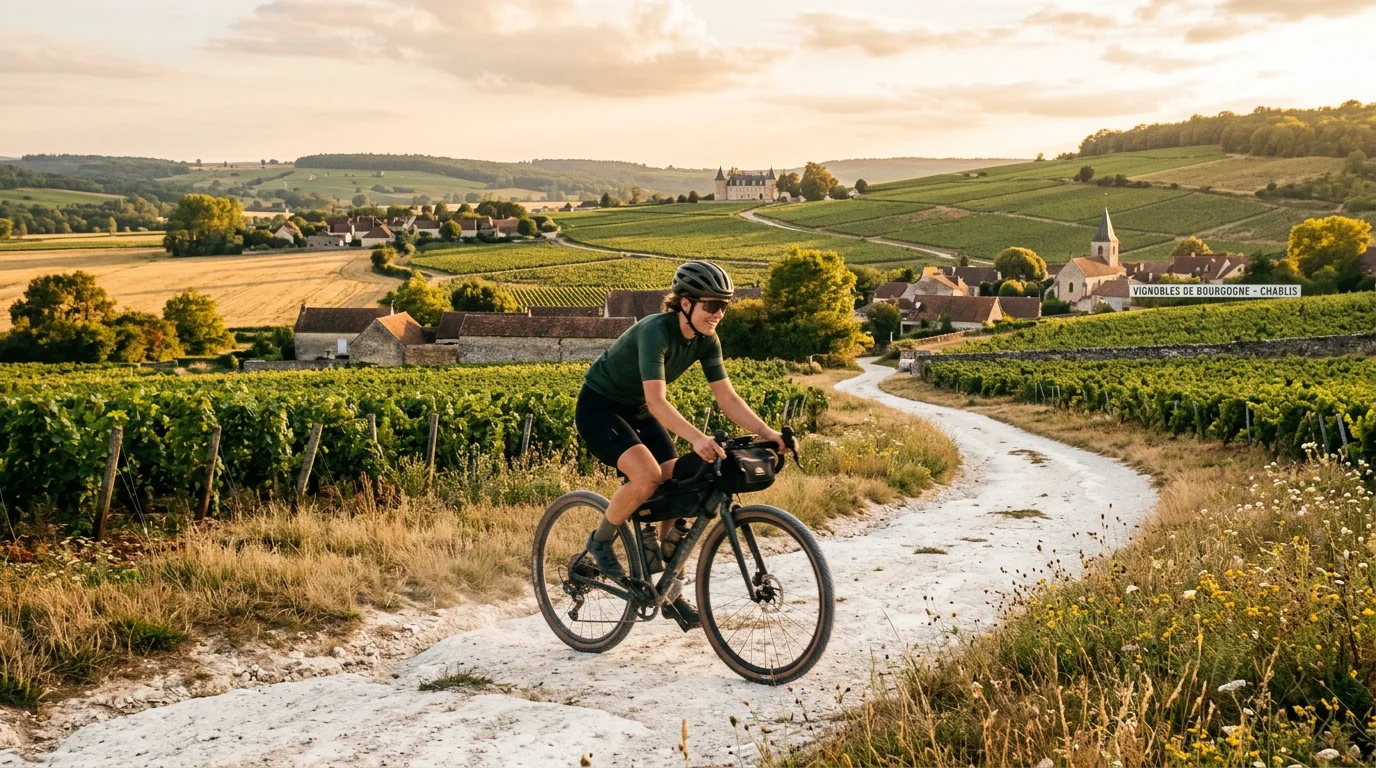 Cycliste roulant sur un chemin blanc gravel dans la campagne française