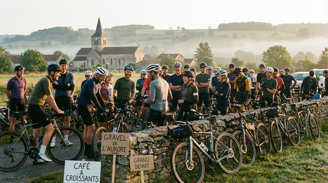 Groupe de cyclistes au départ d'une épreuve gravel dans la campagne française