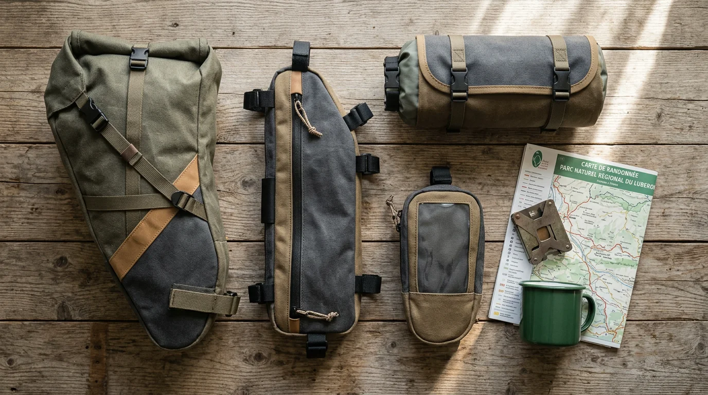 Vue à plat des différents types de sacoches de bikepacking pour vélo gravel