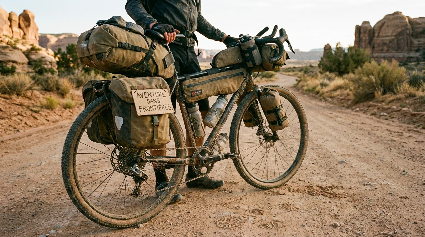 Vélo gravel équipé pour le bikepacking dans un paysage désertique