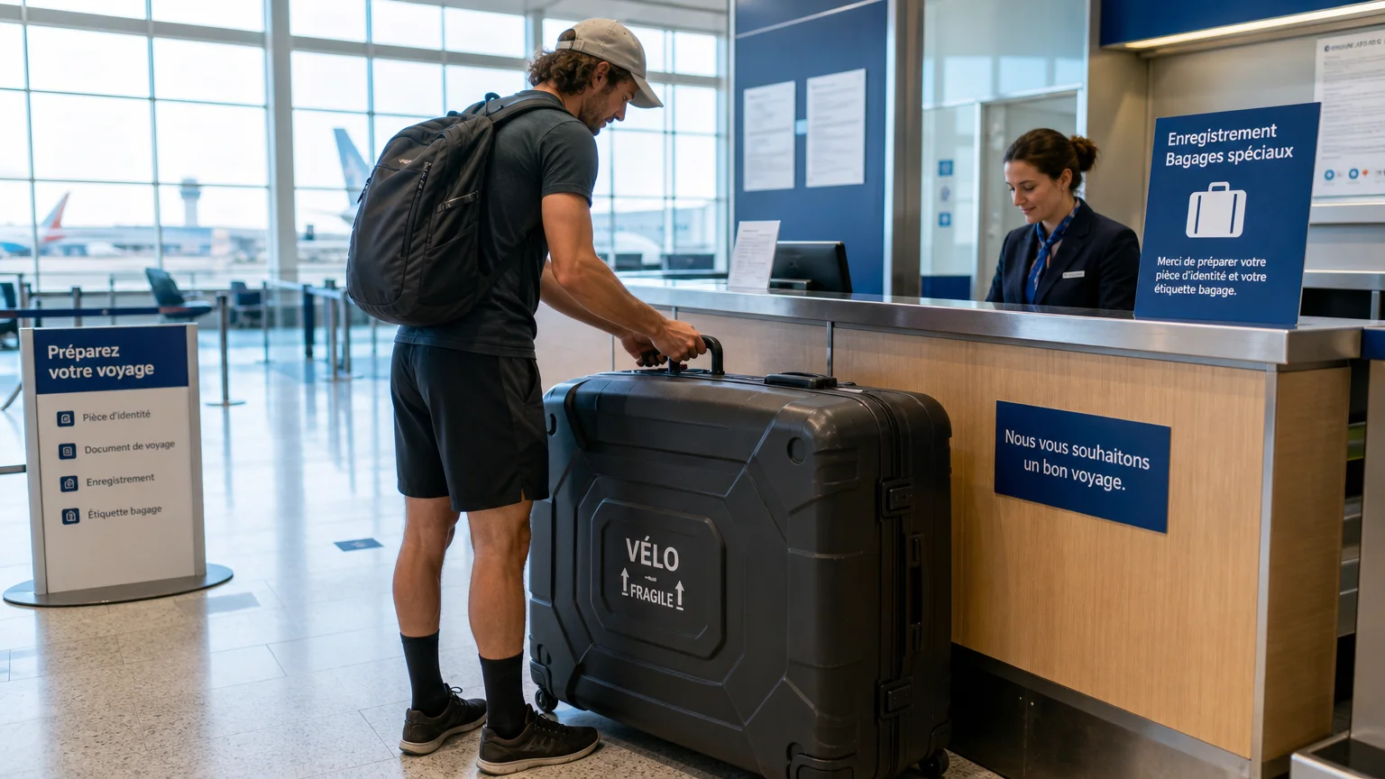 Cycliste enregistrant une valise rigide de transport de vélo au comptoir d'un aéroport