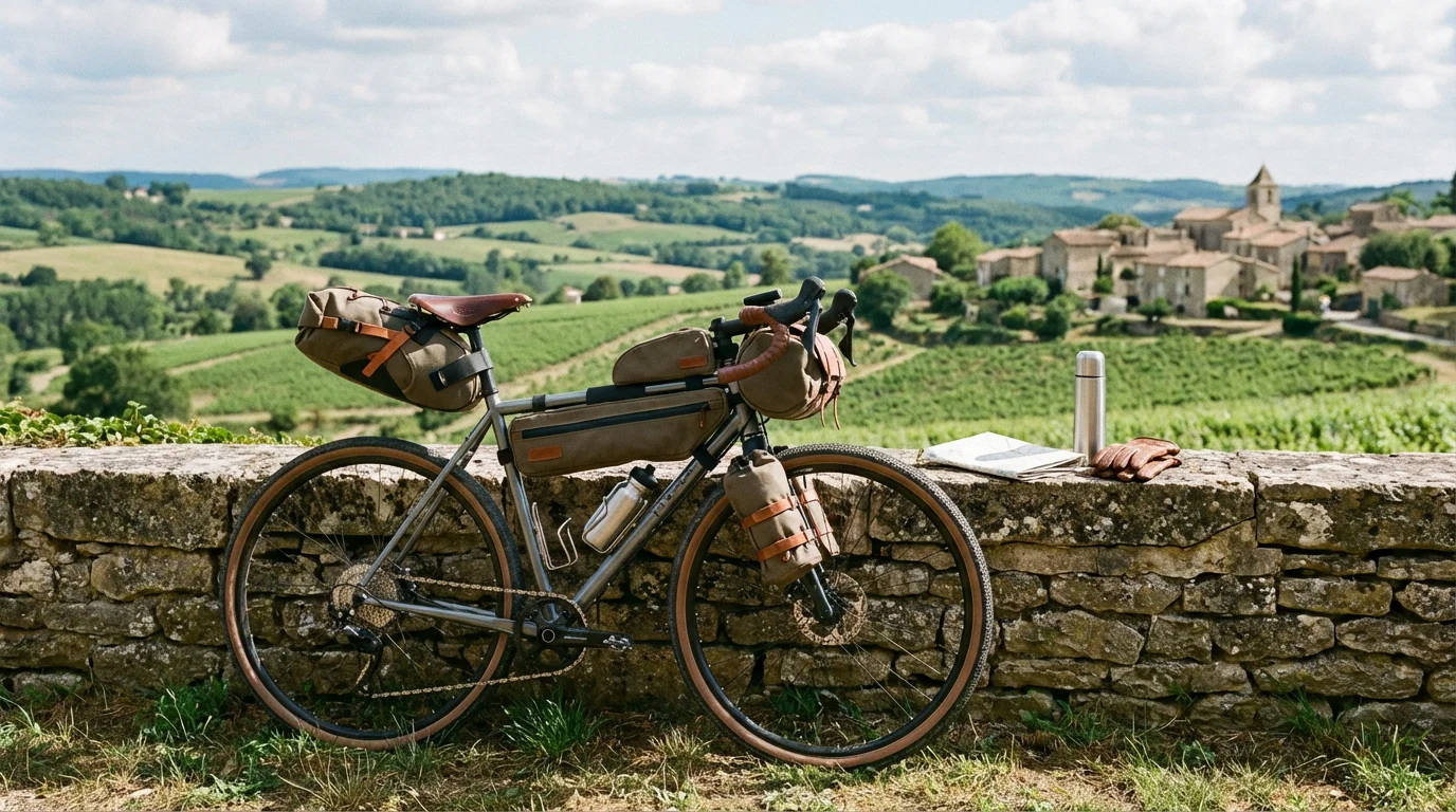 Vélo gravel équipé pour le bikepacking dans la campagne française