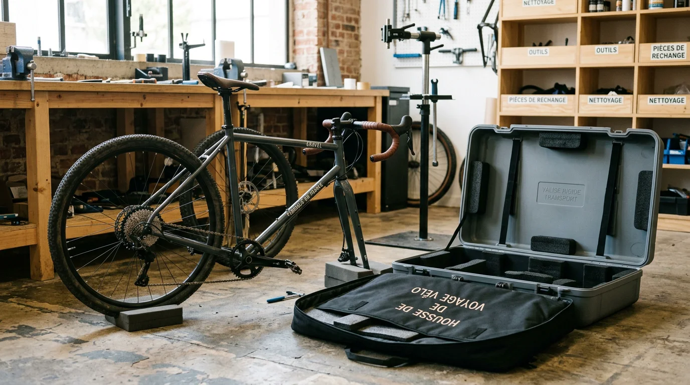 Vélo démonté à côté d'une housse et d'une valise de transport