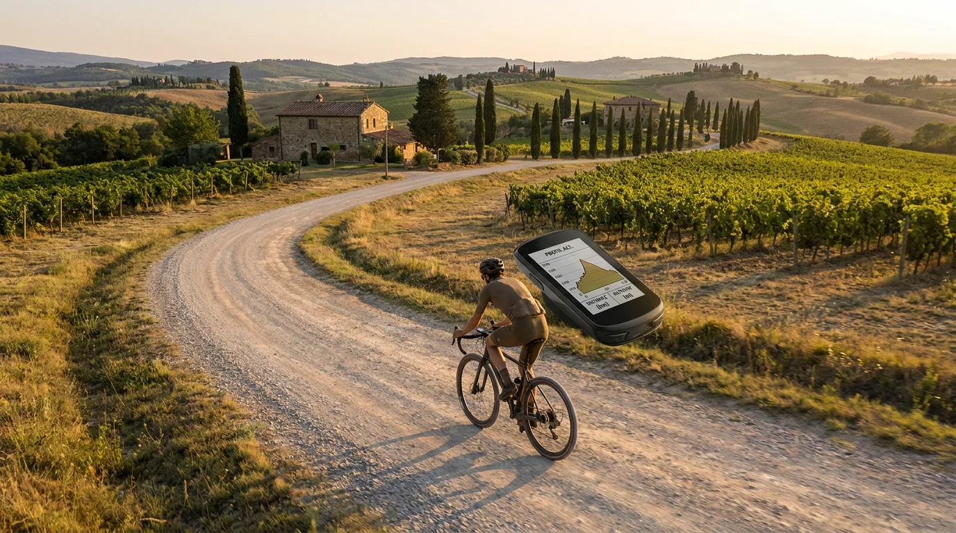 Cycliste gravel sur route vallonnée en France avec compteur GPS affichant le profil altimétrique