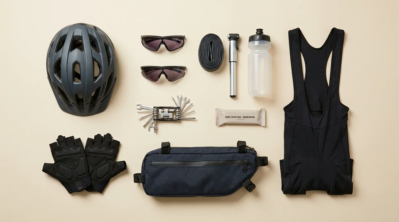 Équipement indispensable pour débuter le gravel disposé en flat lay