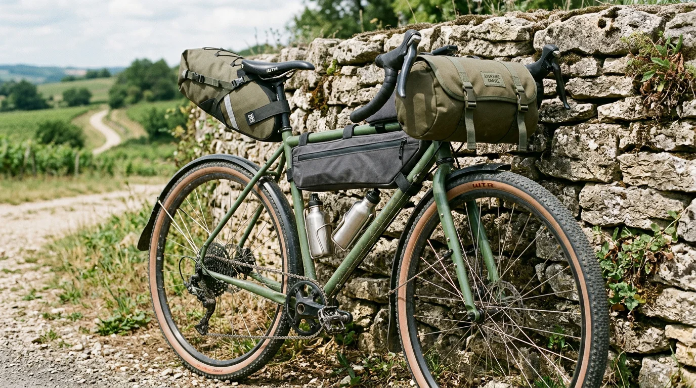 Vélo gravel équipé de sacoches de bikepacking pour l'ultra-distance