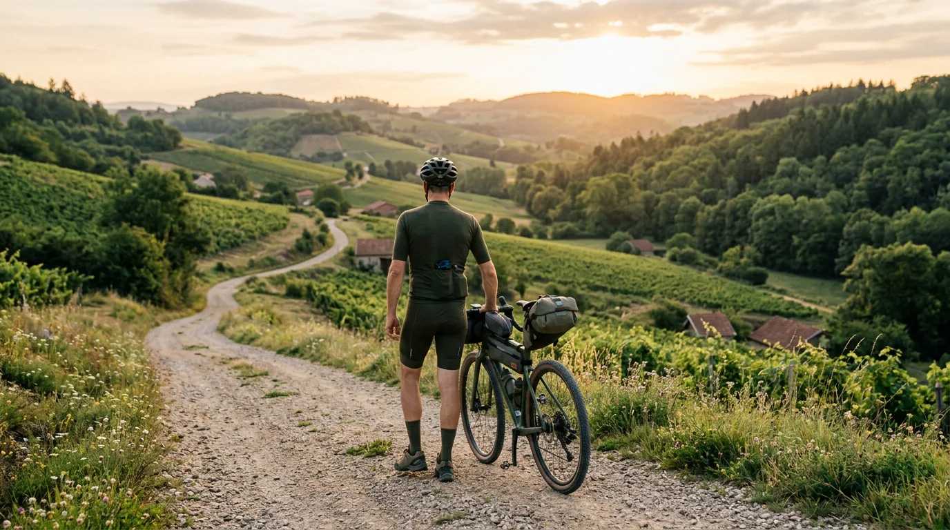Cycliste en bikepacking sur un chemin de gravier au lever du soleil