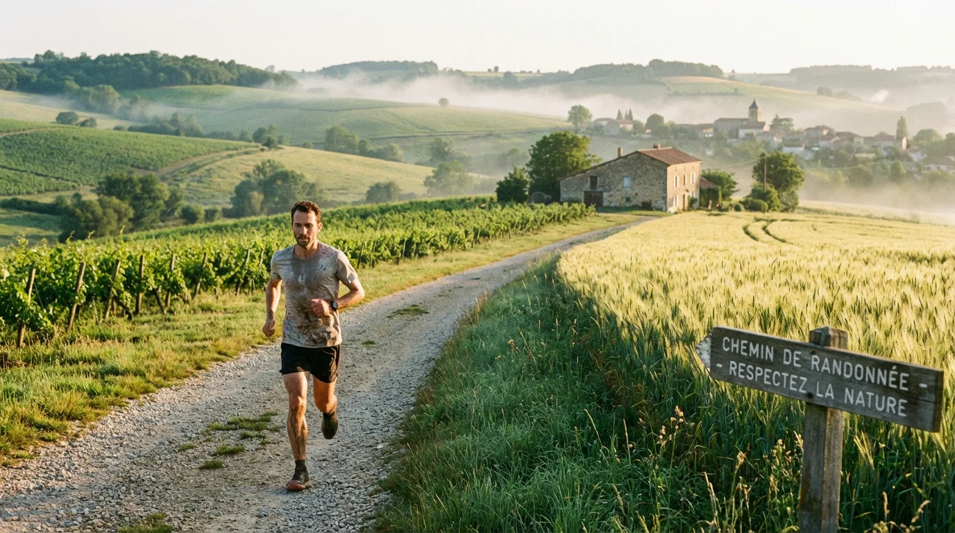 Coureur pratiquant le gravel running sur un chemin de gravier en campagne française