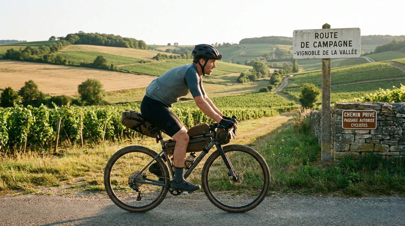 Cycliste gravel équipé sur un chemin de campagne en France avec sacoches de bikepacking