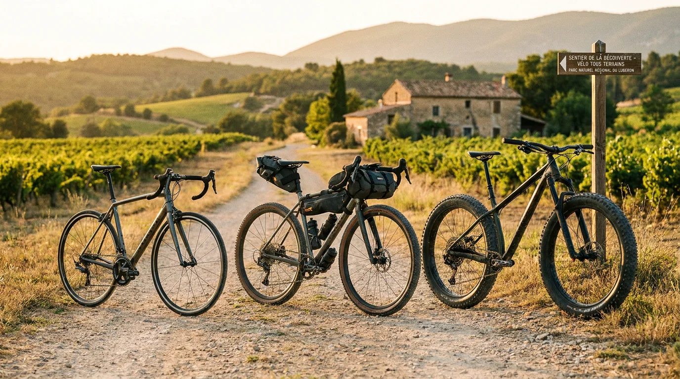 Trois vélos (route, gravel, VTT) illustrant les différentes largeurs de pneus adaptées à chaque pratique
