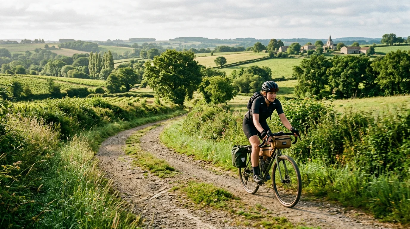 Cycliste sur un vélo gravel roulant sur un chemin de terre dans la campagne du Poitou