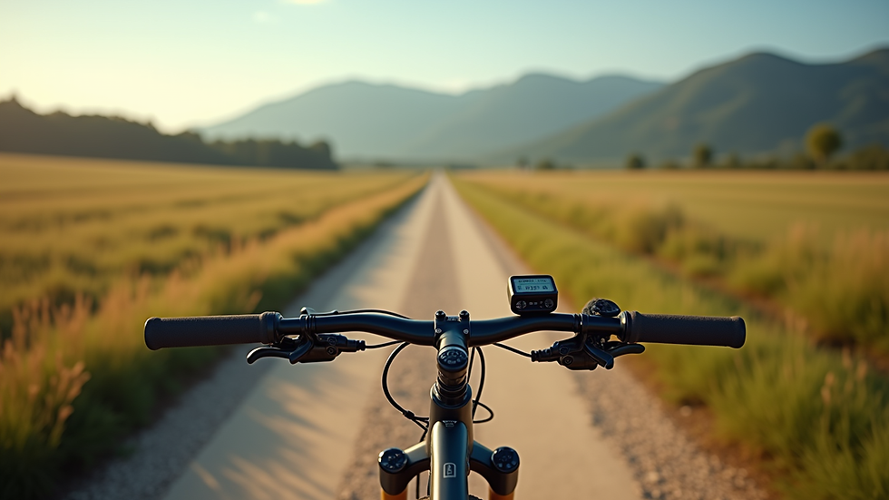 Vue en plongée d’un vélo gravel chargé pour le bikepacking sur un chemin de campagne