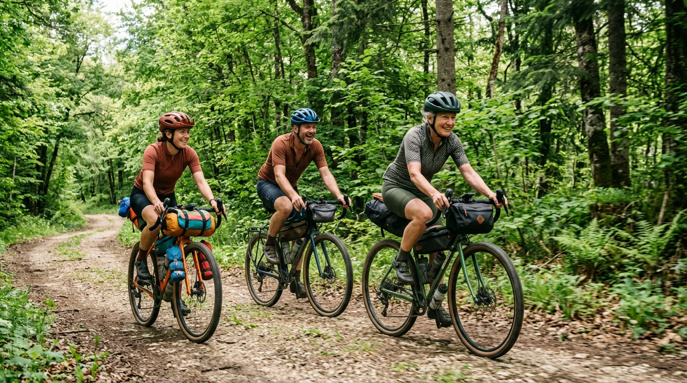 Groupe de cyclistes gravel sur une piste forestière en France