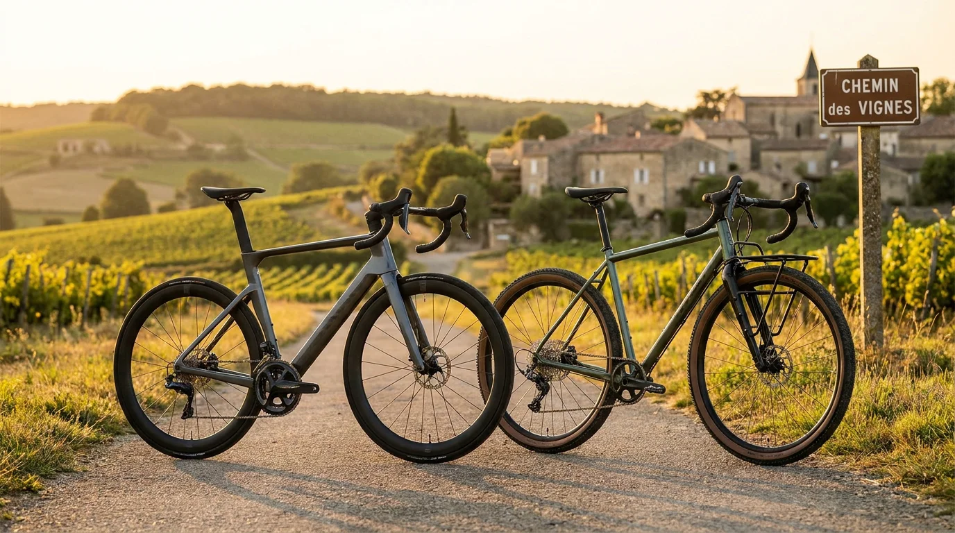 Comparaison de la géométrie entre un vélo de route et un vélo gravel sur un chemin français
