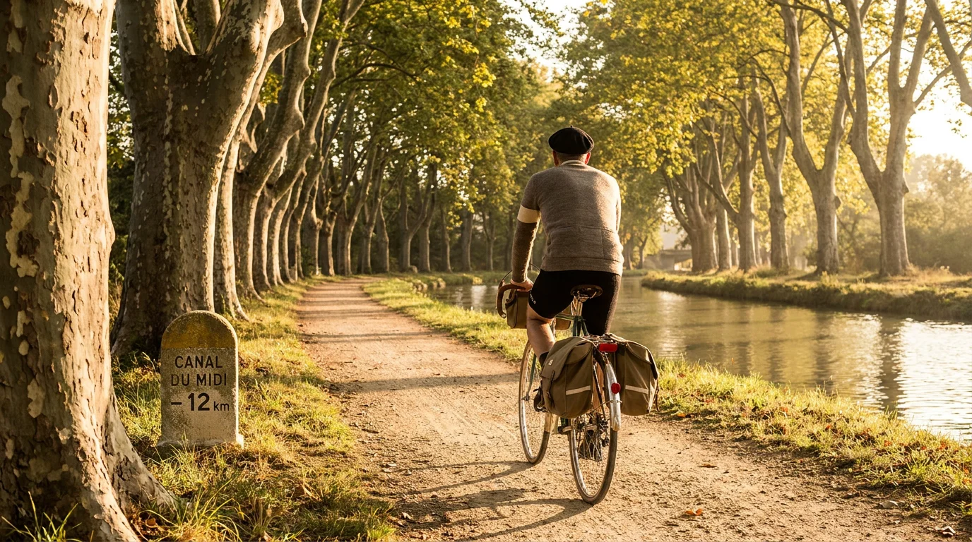 Cycliste sur une voie verte le long d'un canal en France