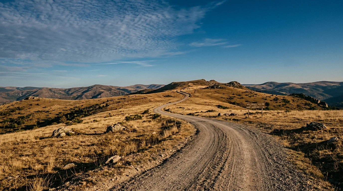 Route gravel isolée traversant un paysage vallonné aux tons chauds