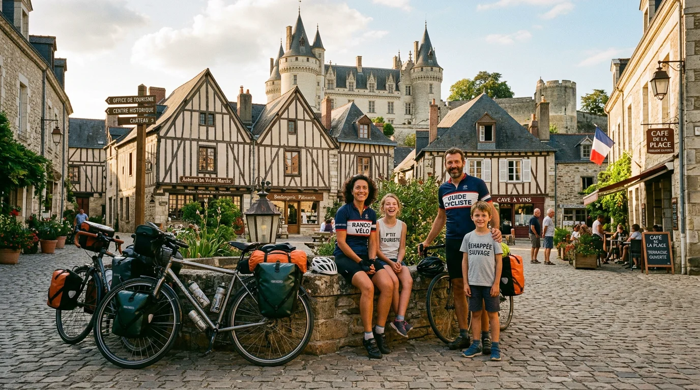 Famille à vélo devant un village médiéval de la vallée du Cher