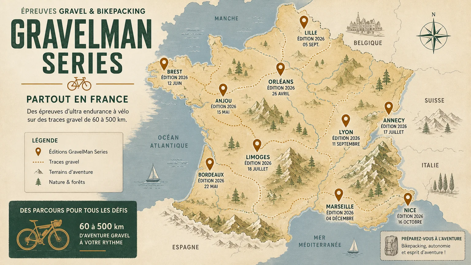 Carte de France illustrée avec des points marquant les événements gravel par région