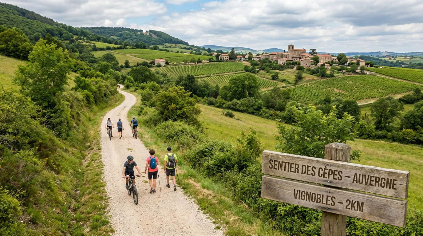 Chemin de gravier traversant un paysage montagneux français idéal pour la randonnée gravel