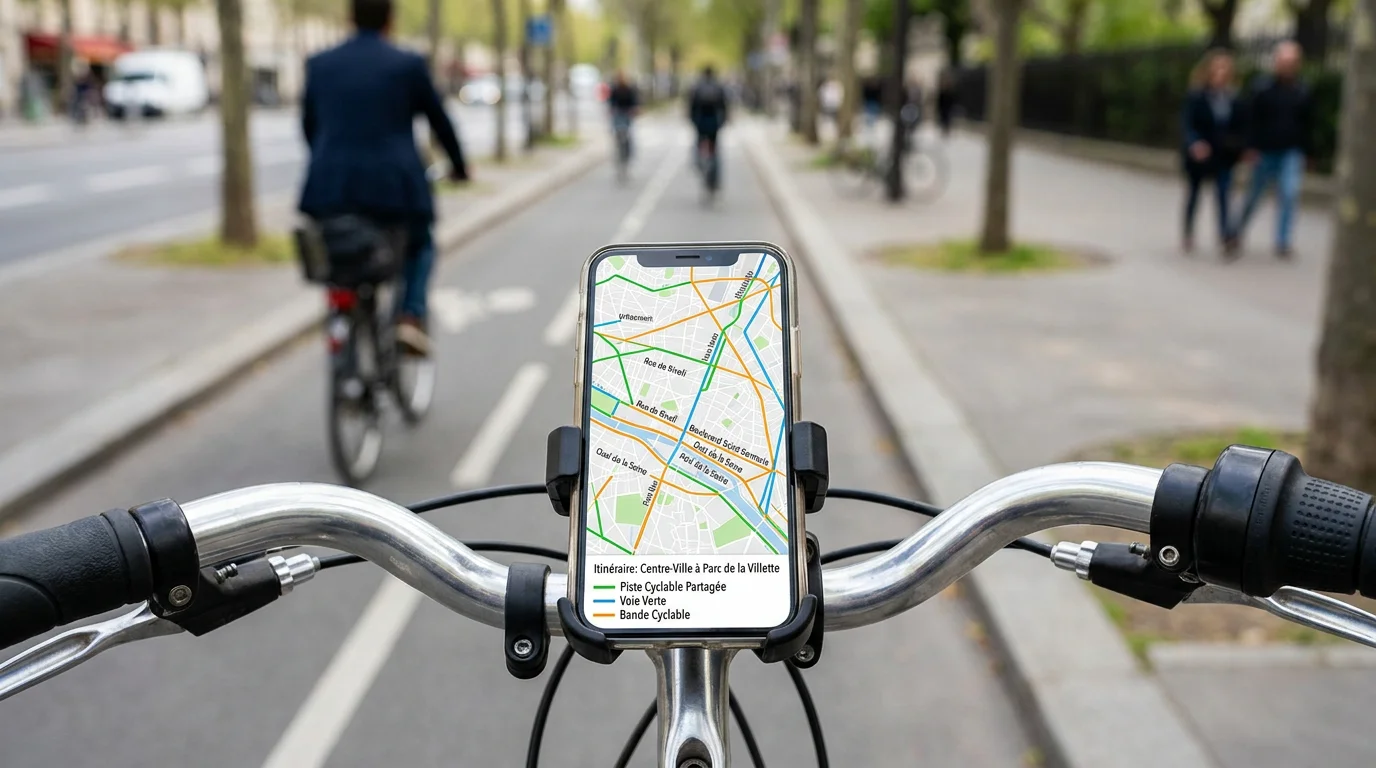 Écran de smartphone affichant le calque pistes cyclables sur une application de cartographie en France