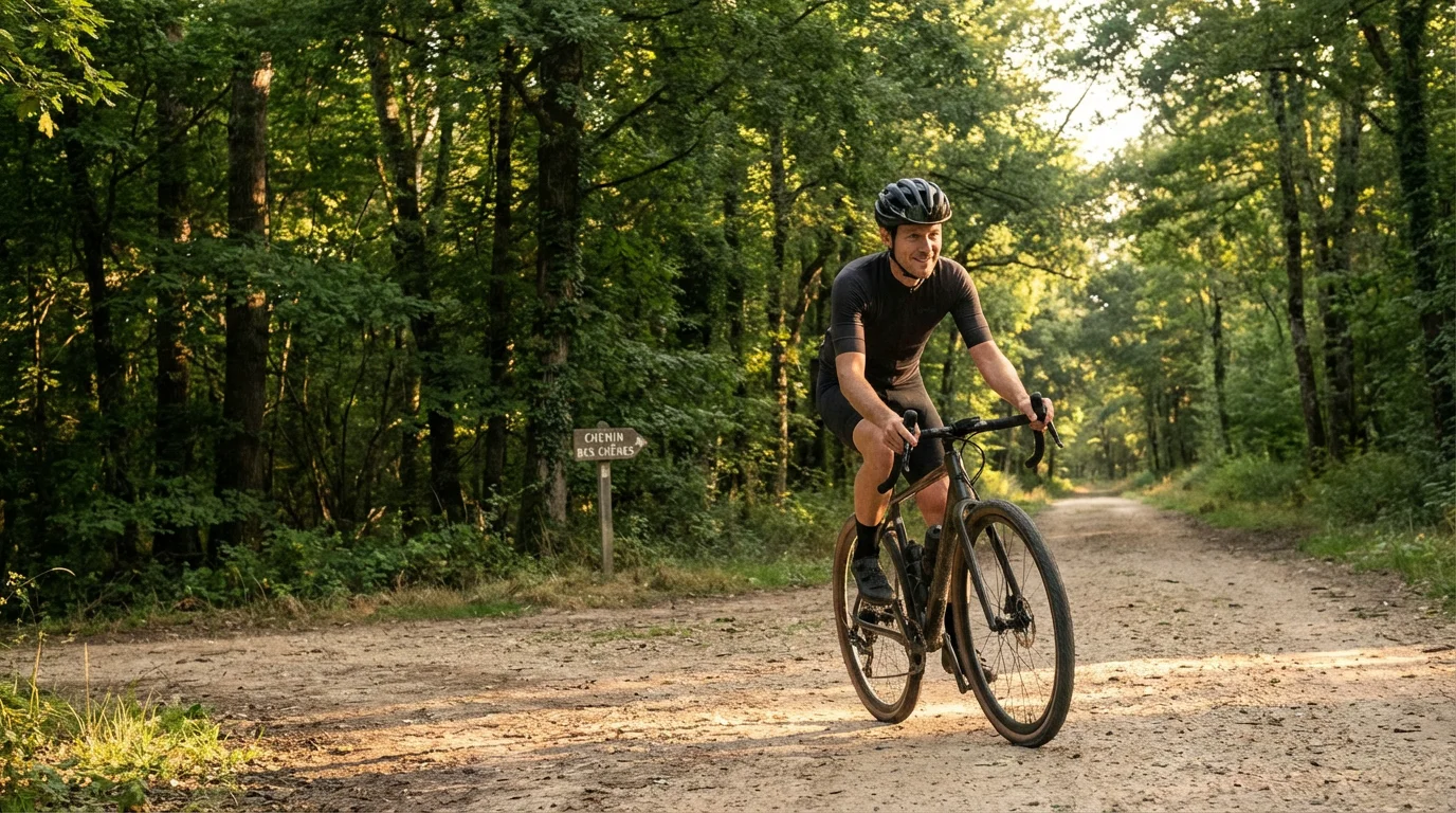 Cycliste en gravel sur un chemin forestier en Île-de-France au lever du soleil