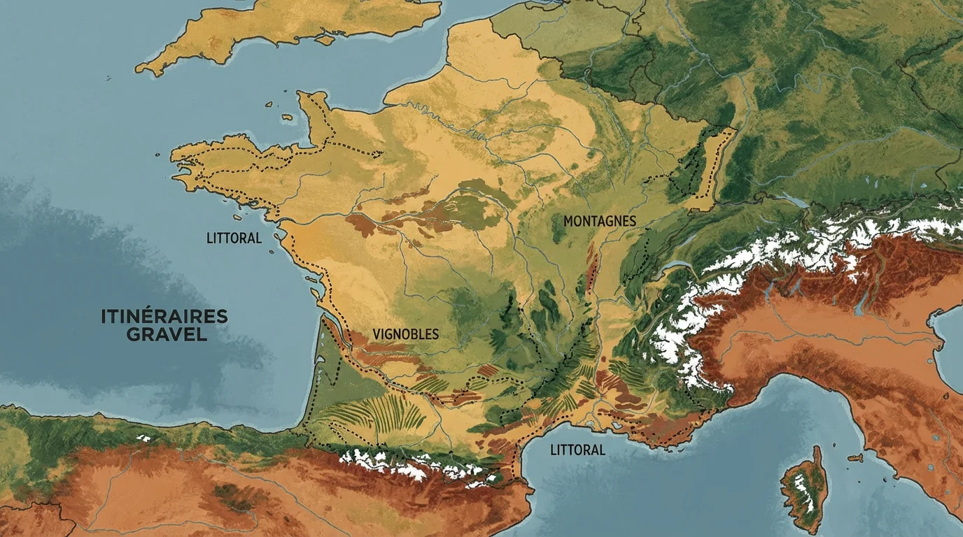 Carte illustrée des régions françaises propices à la randonnée gravel