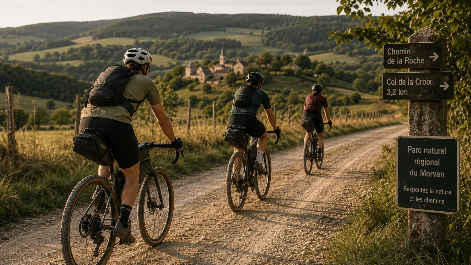 Groupe de cyclistes gravel sur un chemin de terre dans la campagne française