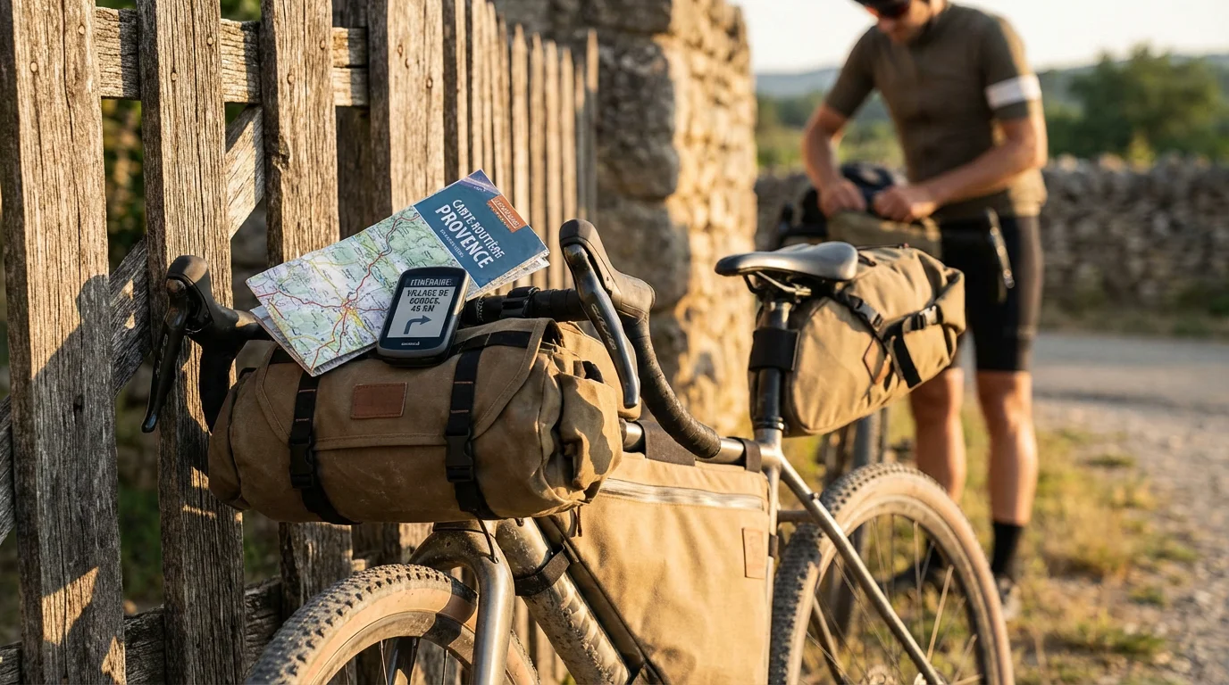 Vélo gravel équipé de sacoches bikepacking pour une randonnée en autonomie