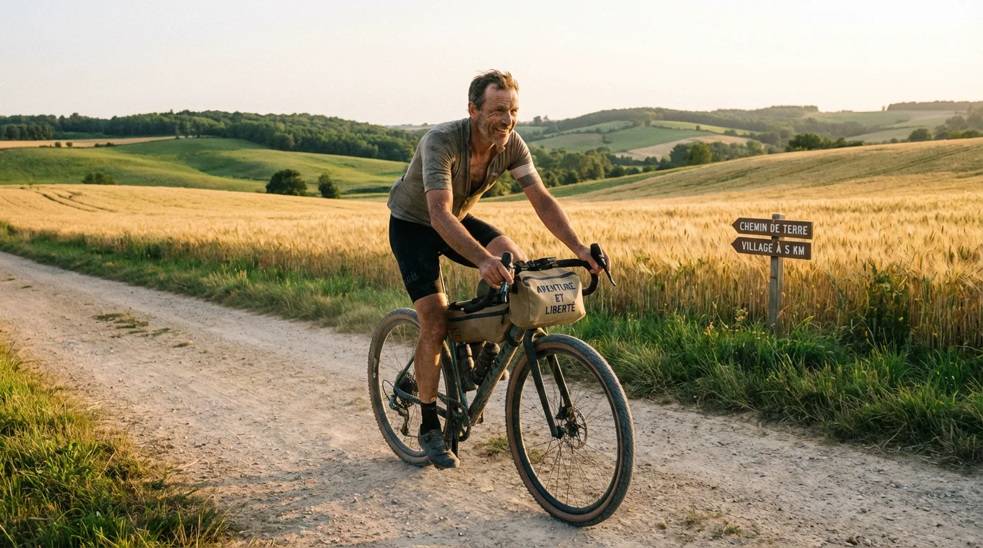 Cycliste sur un circuit gravel à travers la campagne française au coucher du soleil