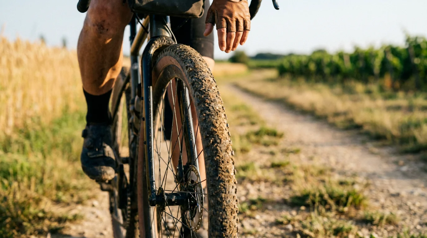Détail des freins à disque et pneus larges d'un vélo gravel sur un chemin de terre en France