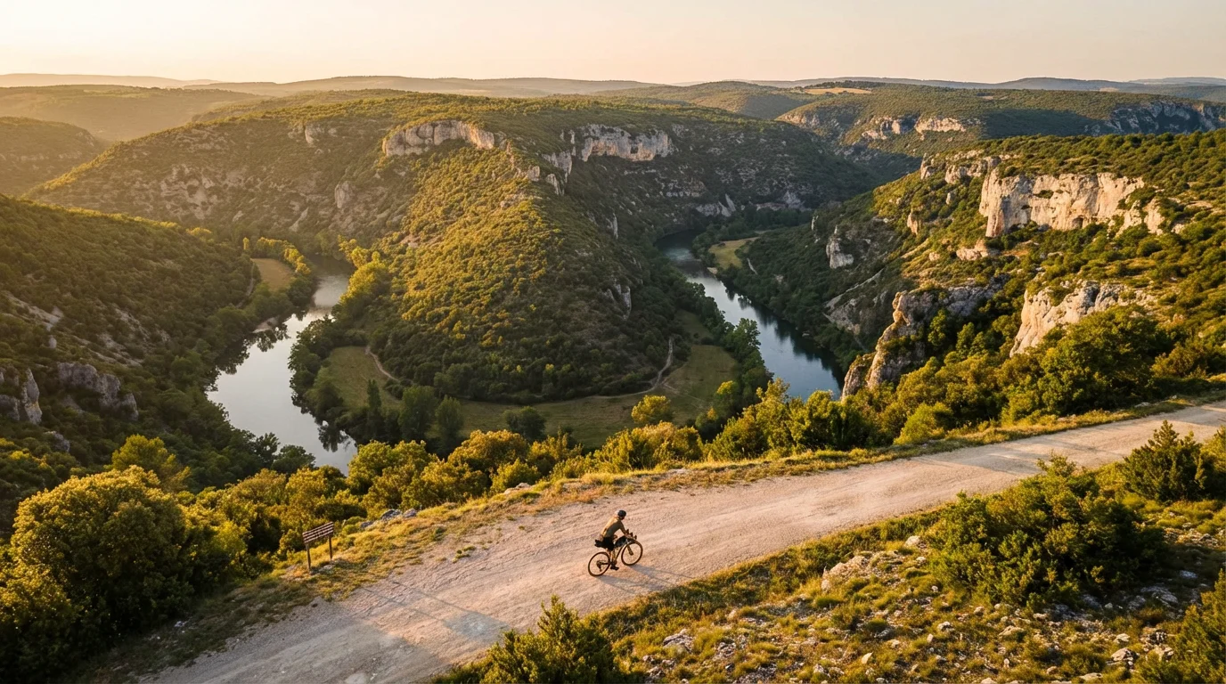 Paysage de causses et gorges en Aveyron avec un cycliste sur un chemin de terre
