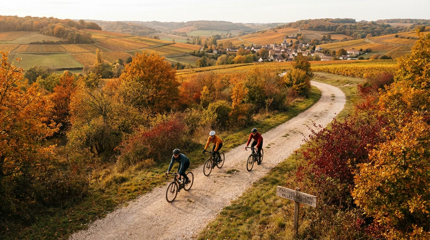 Groupe de cyclistes gravel sur un chemin sinueux en forêt avec paysage vallonné