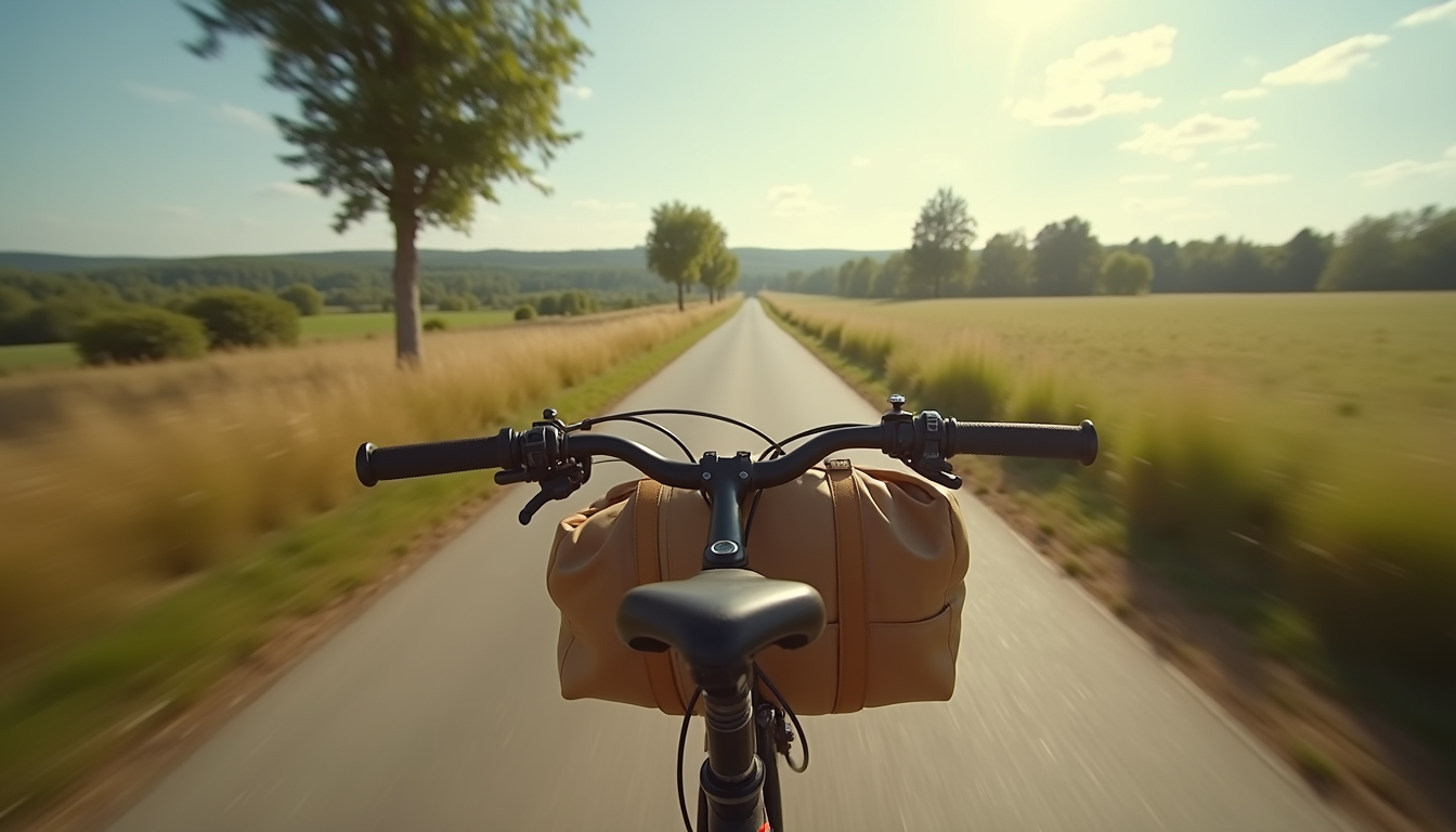 Vue en plongée d’un vélo chargé de sacoches sur un chemin de campagne