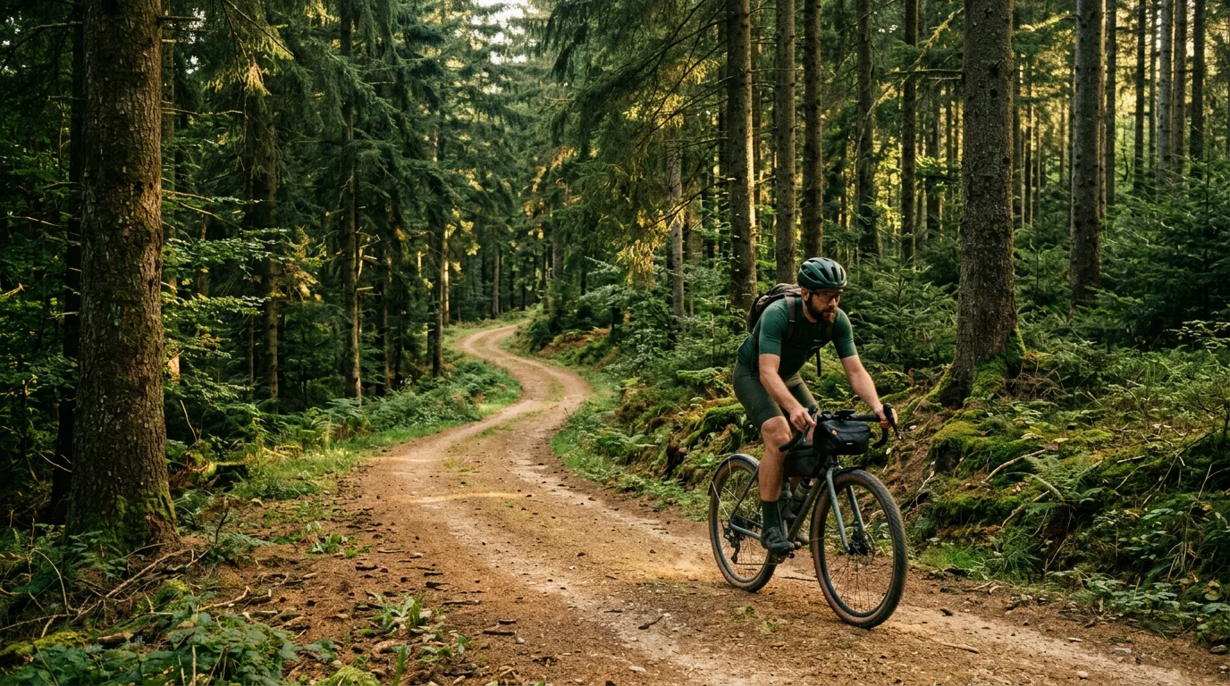 Cycliste en gravel sur un chemin forestier du Morvan en fin de journée