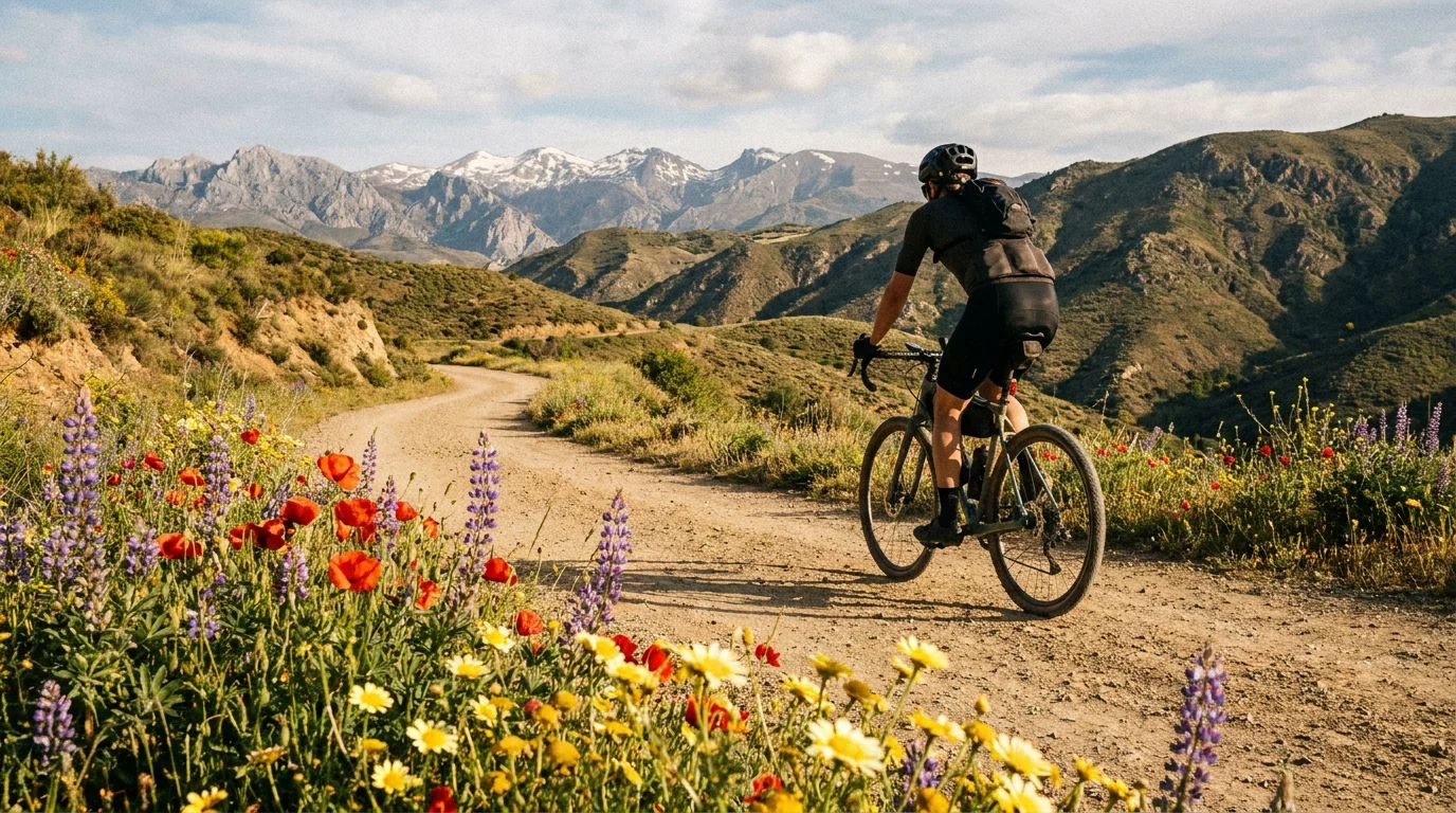 Cycliste gravel sur piste de terre en montagne andalouse au printemps