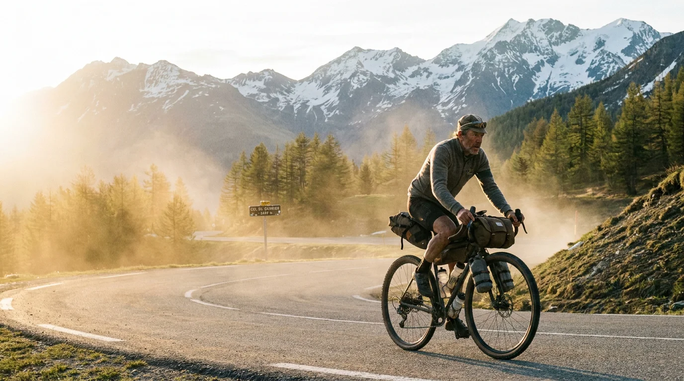 Cycliste en ultra distance sur une route de montagne alpine française au lever du soleil