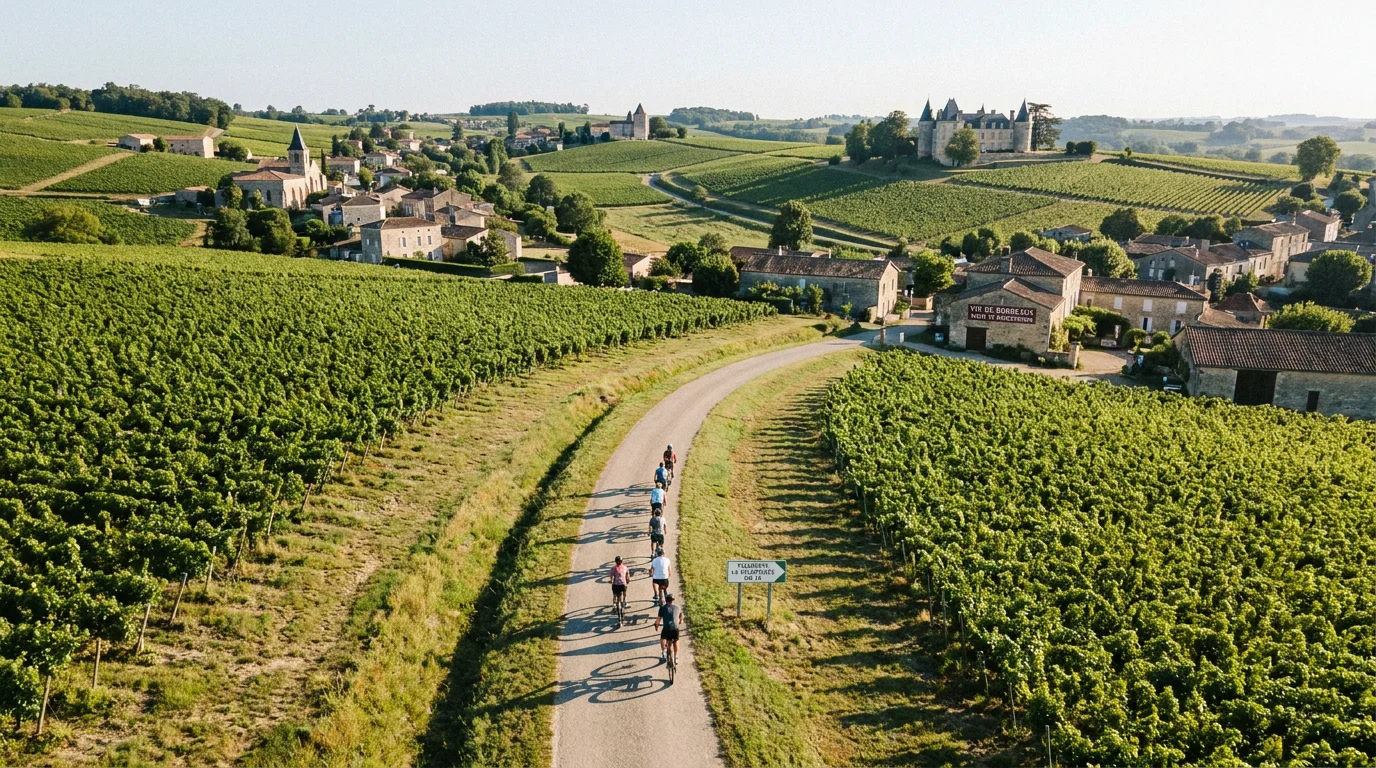 Groupe de cyclistes sur une véloroute traversant un paysage vallonné en France