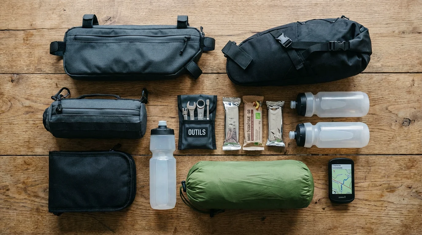 Équipement de bikepacking gravel disposé à plat avec sacoches, outils et matériel de bivouac