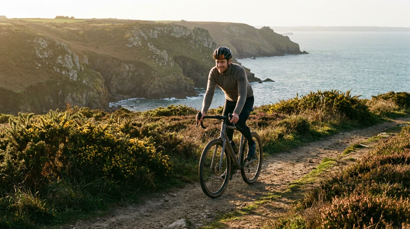 Cycliste gravel sur un chemin côtier breton face à la mer