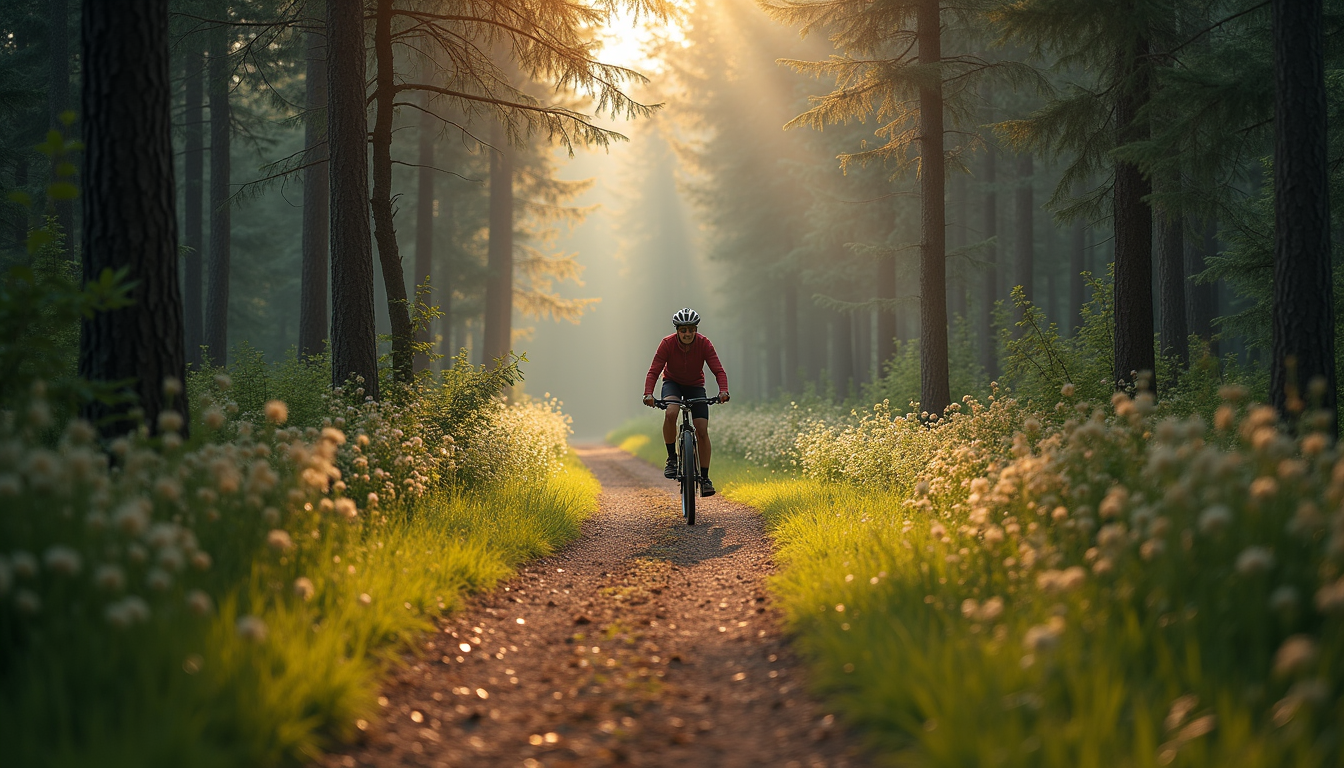 Vue panoramique d’un cycliste sur un sentier forestier en pleine nature