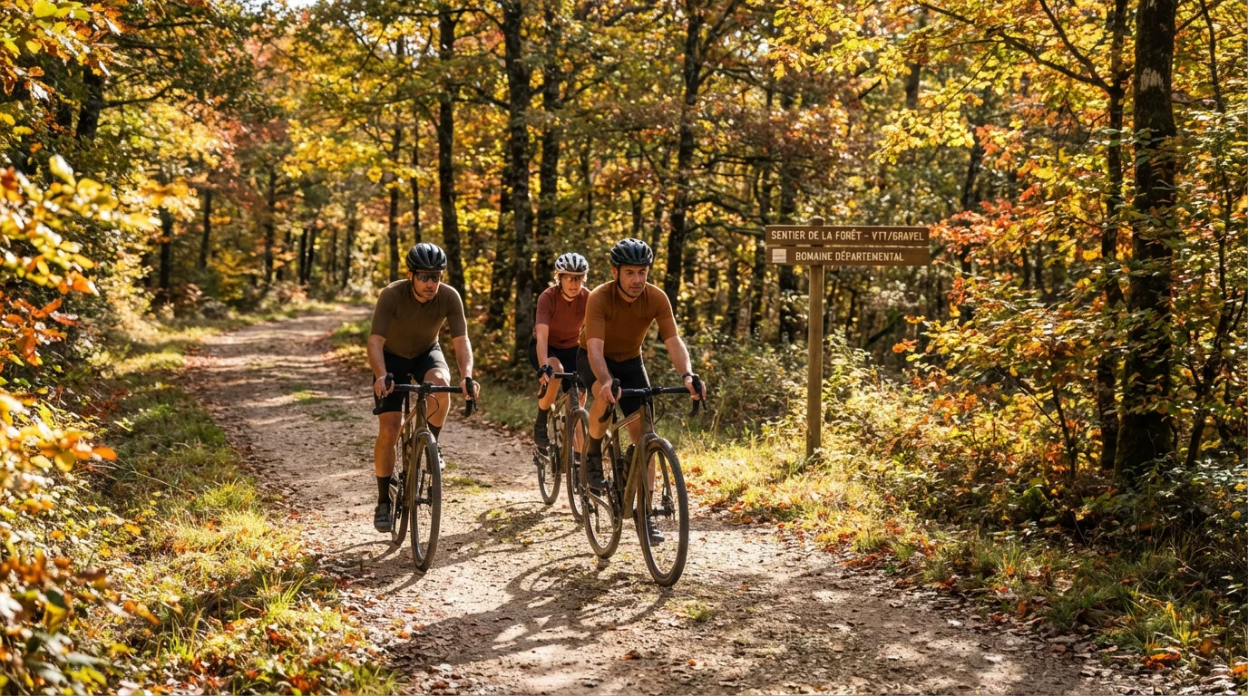 Groupe de cyclistes gravel sur un chemin forestier en France