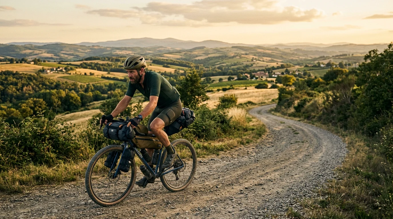 Cycliste en bikepacking longue distance sur une piste gravel au coucher du soleil