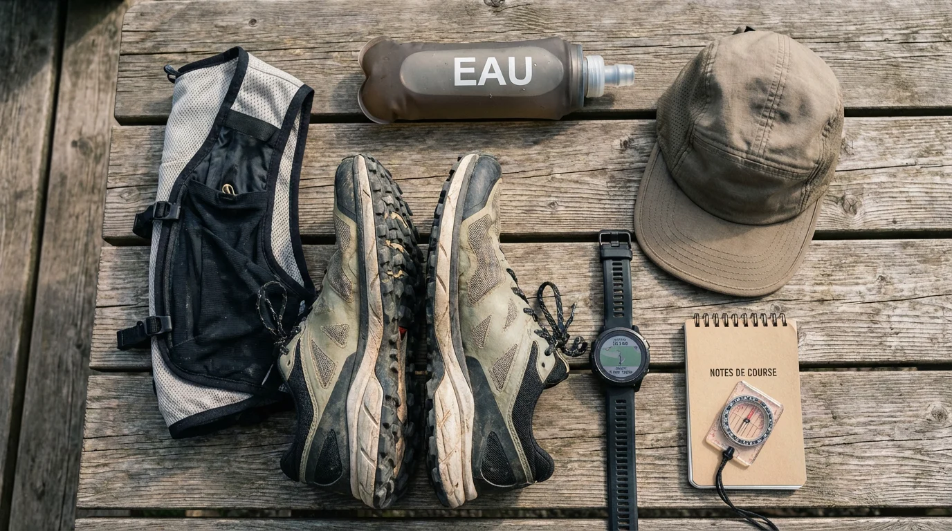 Équipement essentiel pour le gravel running disposé à plat : chaussures hybrides, casquette, gilet, gourde et montre GPS