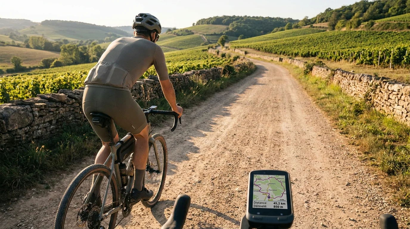 Cycliste gravel consultant un GPS vélo sur un chemin vallonné en France