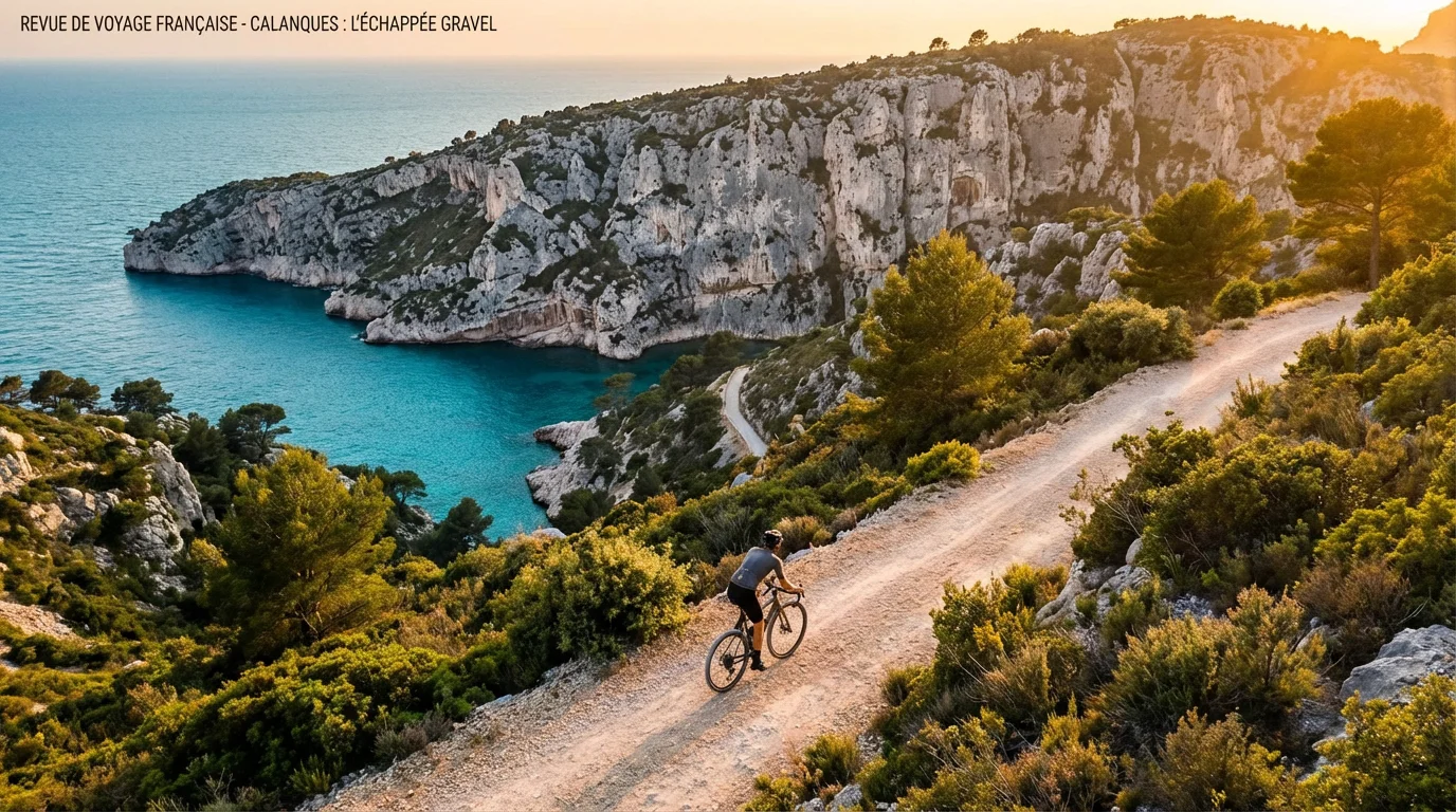 Cycliste gravel sur une piste surplombant les calanques de Marseille au coucher du soleil