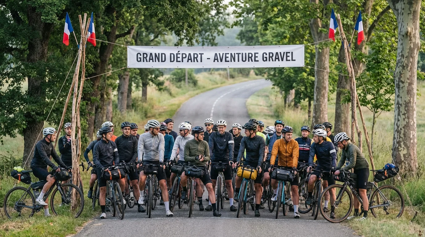 Groupe de cyclistes gravel au départ d'un événement dans la campagne française